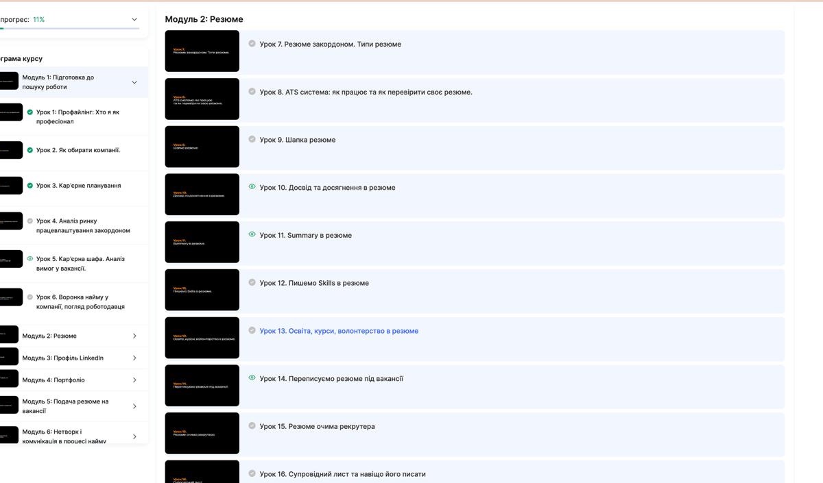 Навчальна платформа: програма курсу, прогрес і уроки модуля «Резюме»